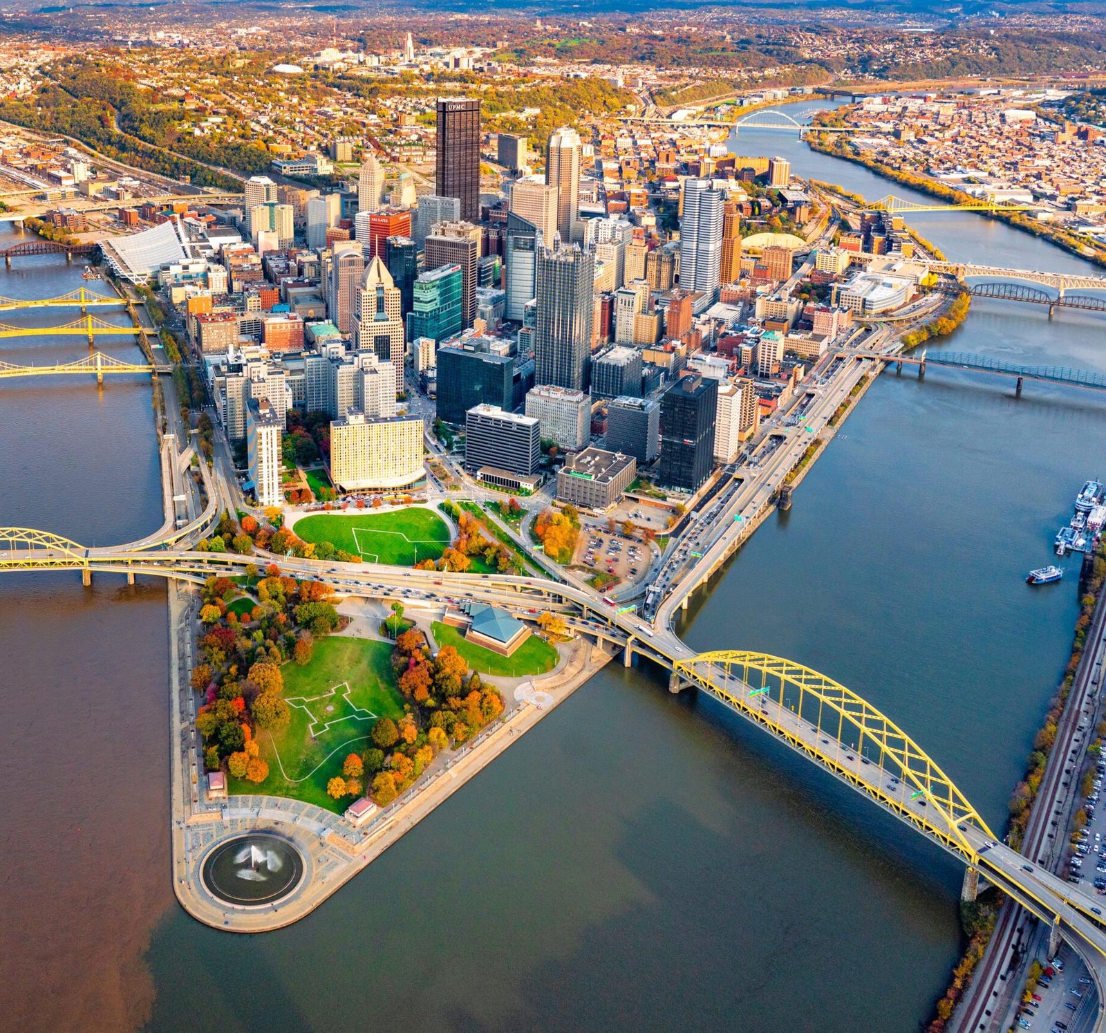 Aerial view of downtown Pittsburgh at the confluence of its three rivers